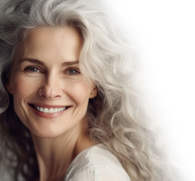 Smiling woman with long, wavy, silver hair showcasing natural beauty and confidence, representing the rejuvenating treatments offered at Revive Aesthetics Med Spa